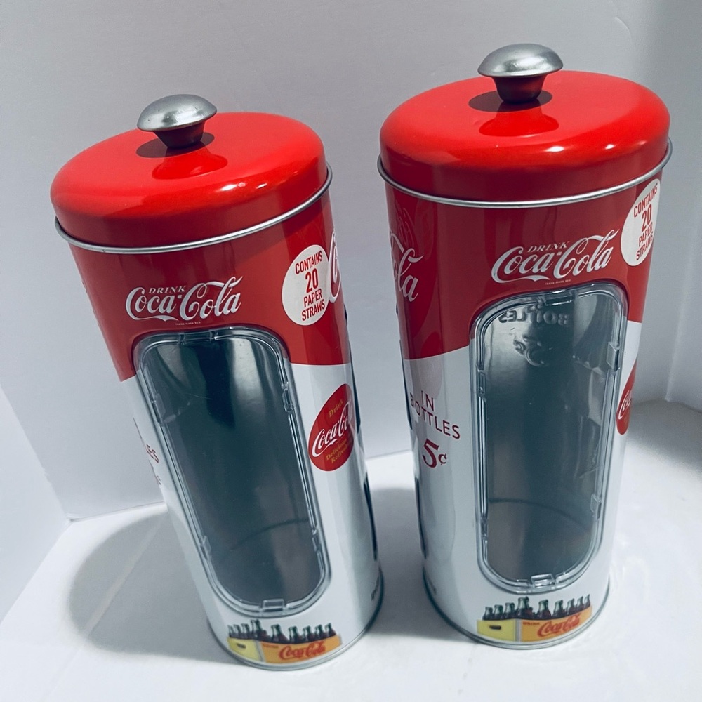 Coca-Cola Red and White Holder/Dispenser Tin Drinking Straw Canisters - Picture 2 of 10